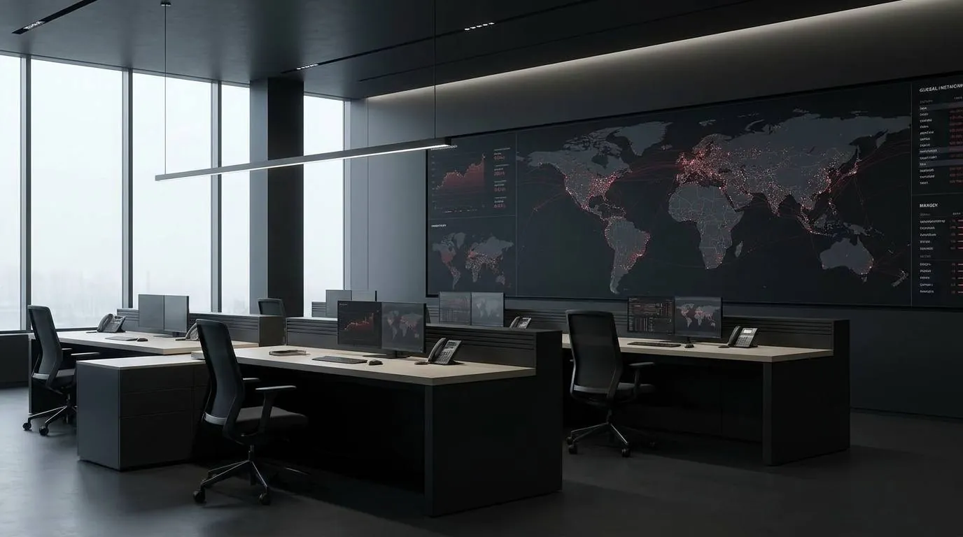 Quiet operations room with a global network display